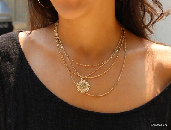 Medallion Layered Necklace Gold Coin 