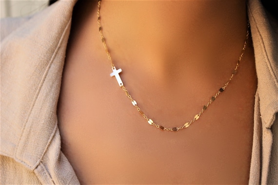 Tiny Sideways Cross Necklace Horizontal 