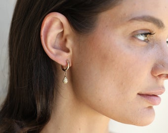 Dainty Charm Hoop Earrings - Dangel Drop Charm Hoops - Huggie 14k Gold Filled and Sterling Silver, Minimalist Style