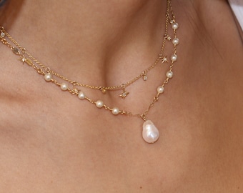 Pendente a goccia con perla d'acqua dolce - Girocollo con perline di perle - Collana riempita d'oro - Delicato girocollo con perle - Gioielli da sposa - Gioielli di perle
