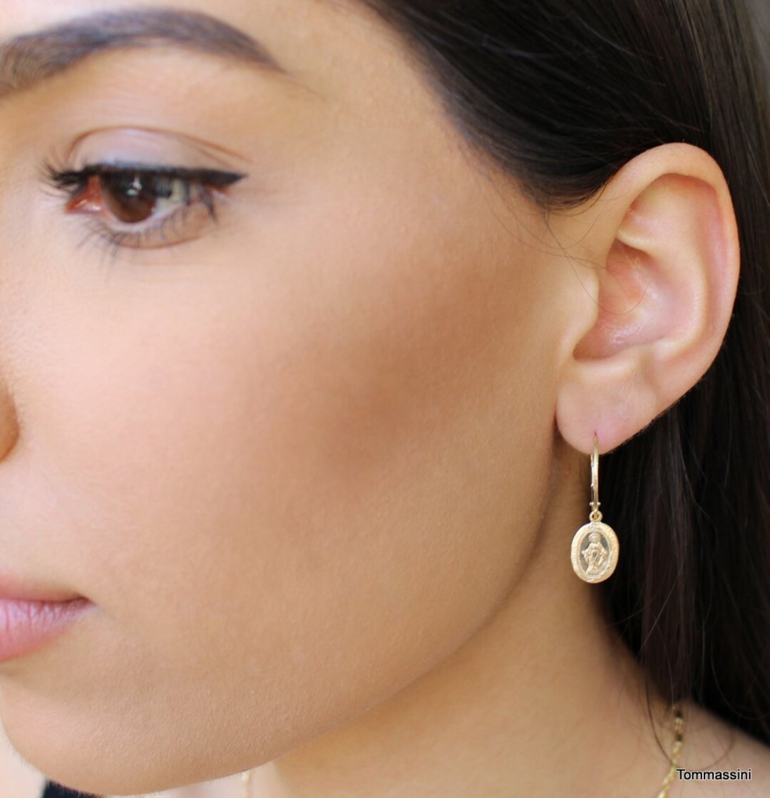 HZMAN Gold Virgin Mary Cross Earrings For Women - Religious Dangle Drop Jewelry