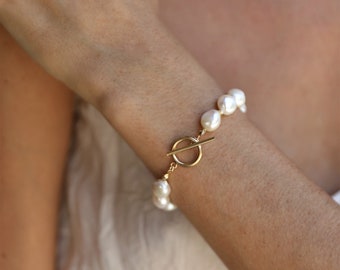 Baroque Freshwater Pearl Bracelet, Gold Toggle Clasp, Handmade Jewelry
