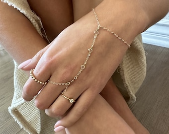 Finger Bracelet, Gold Hand Chain Bracelet, CZ Hand Chain, Harness, Slave Bracelet, Gold Ring Chain Bracelet, Bezel Zirconia Ring Bracelet