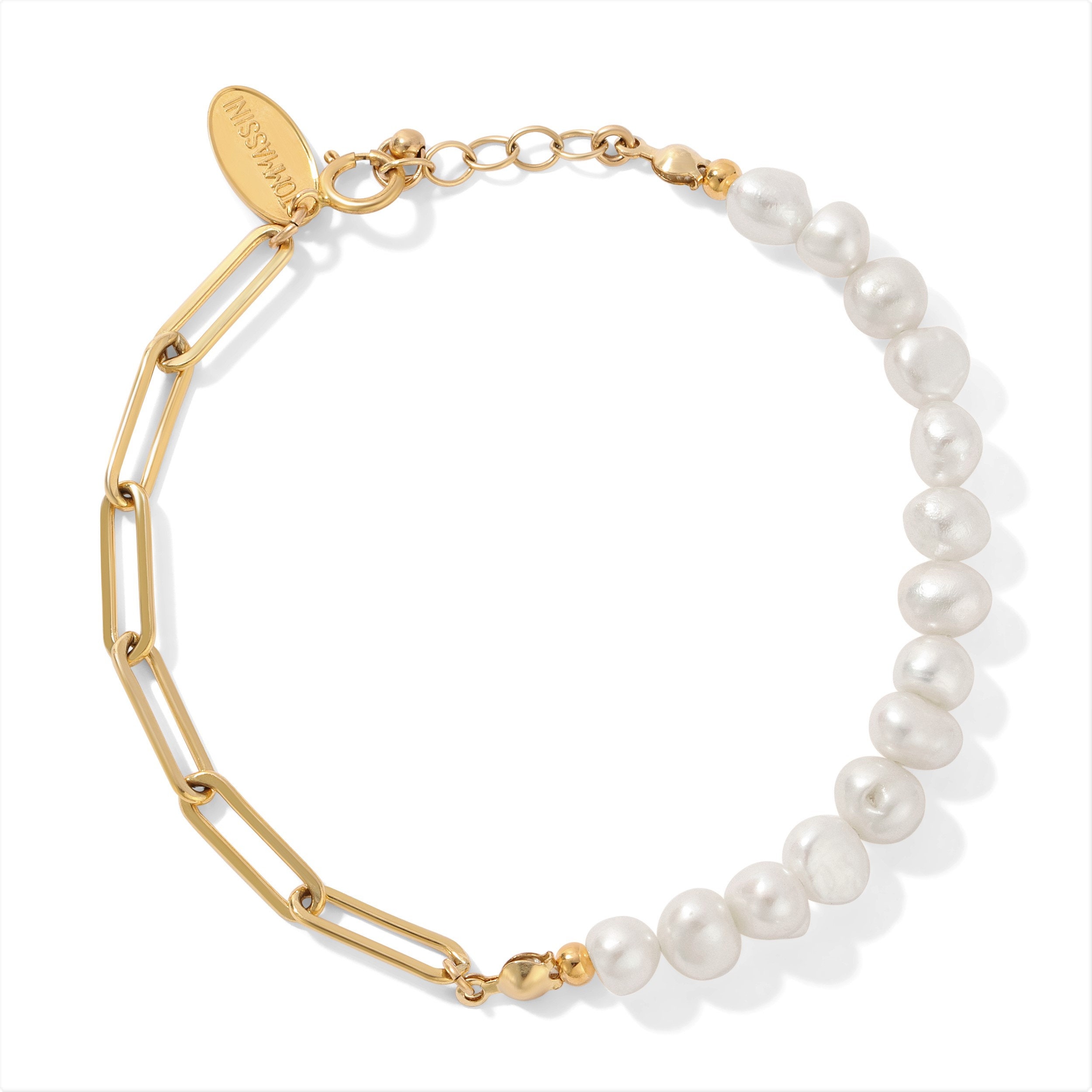 【TommassiniJewelry】Pearl Paperclip Chainブレスレット Paperclip Chain Bracelet, Half Pearl & Chain, Gold Pearl