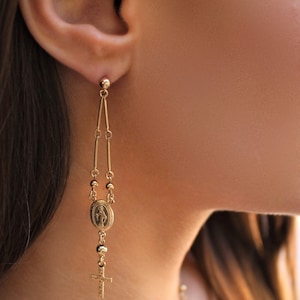 Virgin Mary Cross Earrings, Rosary Earrings, Cross Earrings, Gold or Silver Earrings, Dangle Cross, Long  Dangle Drop Earrings