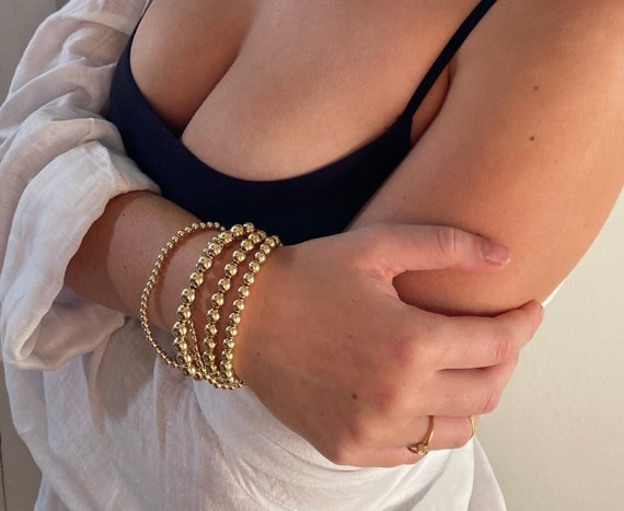 Gold Pearl Slide Stretch Charm Bangle Bracelet 