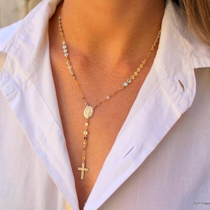 rosary necklace, Housewives Necklace, Religious Necklace, Lariat Necklace, Y necklace, Miraculous Medallion Pendant, Dainty Rosary, Cross