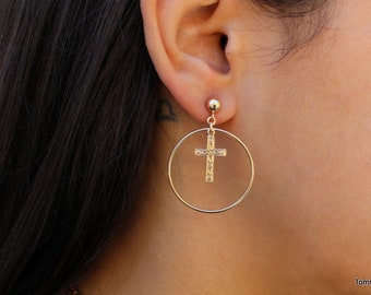 Gold Cross Hoop Earrings, Cross Earrings Dangle, Cross Earrings Hoops, Delicate Cross Earrings, Dainty cross hoop earrings, Cross in Circle