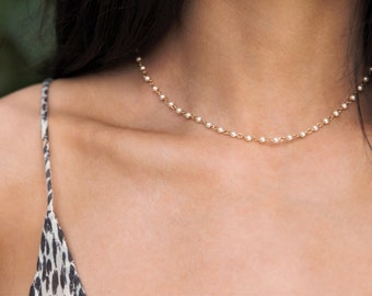 Dainty Pearl Satellite Necklace – Gold Filled or Silver – Minimalist Pearl Chain – Choker or Long Necklace – Delicate Layering Jewelry
