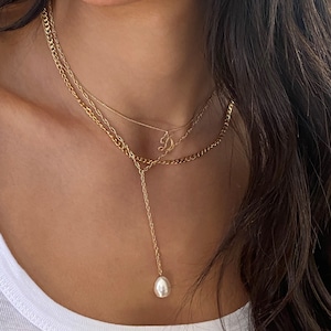 Pearl Drop Y Necklace Layering Y Necklace Pearl Lariat Gold Y Drop Necklace Minimalist Gold Filled Lariat Tear Drop Y Lariat Layered Pearl