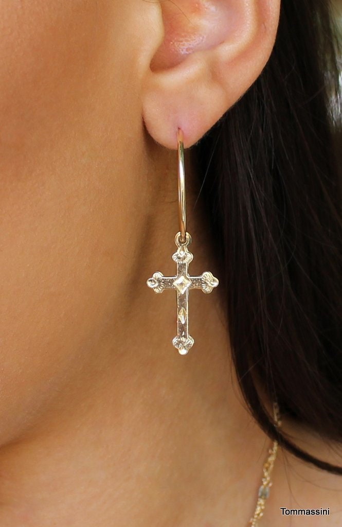 Cross Hoop Earrings 14K Gold Filled Earrings Dangle Cross Etsy