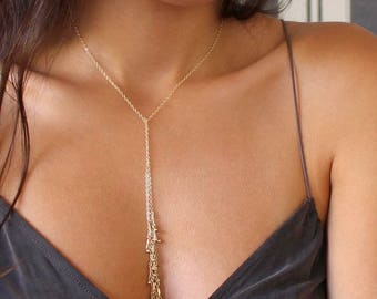 Lange ketting met kwastjes lariat - wikkel rond voor- of achterkant Y-ketting - open Y-stropdas-ketting aanpassen - lange drop gelaagde lariat - ketting aan de achterkant