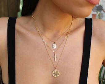 Layered Necklaces, layer charm necklace, Medallion Necklace, Cross Charm Necklace, Layering Cross Pendent Necklace