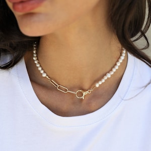 pearl necklace, Pearl & Chain Necklace, Gold Paperclip Chain with Freshwater Pearl Necklace, Statement Necklace, Half Pearl Half Paperclip