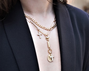 Chunky Chain Y Necklace, 14k Gold Plated Cross & Virgin Mary Charm