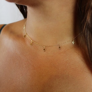 Puede incluir: Un collar de cadena dorada con pequeños colgantes en forma de cruz. El collar lo lleva una persona con cabello castaño.