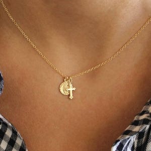 Tiny Cross & Saint Charm Necklace, Vintage Cross, Virgin Mary Cross Necklace, Mary Necklace, Gold Mary Cross Necklace, dainty charm up