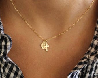 Tiny Cross & Saint Charm Necklace, Vintage Cross, Virgin Mary Cross Necklace, Mary Necklace, Gold Mary Cross Necklace, dainty charm up