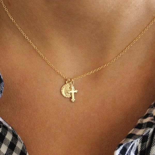 Dainty Gold  Cross & Virgin Mary Necklac - Confirmation Gift - Miraculous Pendant - Catholic Necklace -  Religious Necklace - Christmas Gift
