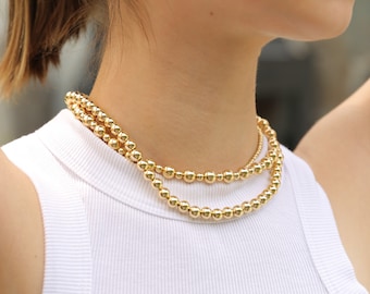 Chunky 14K Gold Filled Bead Necklace, Layering Stretch Choket, Big Bead Statement Necklace, bold statment Layerd, Christmas Gift For Her