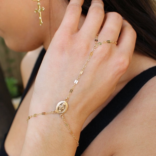 Virgin Mary hand bracelet, Slave Bracelet, Ring Bracelet, Hand Chain, Hand Harness, Gold Bracelet, dainty finger bracelet Hand Chain,