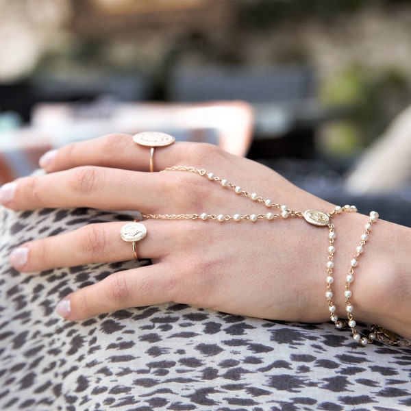 Beaded Ring Chain Bracelet * Virgin Mary bracelet * Religious Bracelet * Finger Chain * dainty finger Ring bracelet * Pearl Ring Bracelet