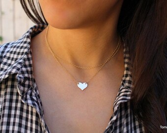 Heart Necklace, Valentines Necklace, Dainty Double Chain Heart Necklace, Love Gold Filled, Silver Heart Necklace, Layered heart Necklace