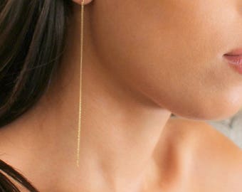 Dainty Chain Drop Earrings - Minimalist Threader Earrings - Long skiny Drop Chain Post Earrings - Gold or Silver