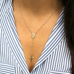 Drop Necklace, Rosary Necklace, Gold Y Rosary Necklace, Beaded Rosary, Religious Necklace, Lariat Necklace, Dainty Virgin Mary Rosary,