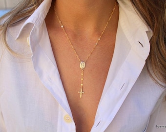 Rosary Necklace - Virgin Mary + Cross Medallion - Confirmation Gift - Cross Drop Y Necklace - Dainty Rosary Necklace - Christmas Gift