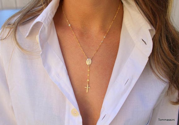 Rosary Necklace - Virgin Mary + Cross Medallion - Confirmation Gift - Cross Drop Y Necklace - Dainty Rosary Necklace - Faith Christmas Gift