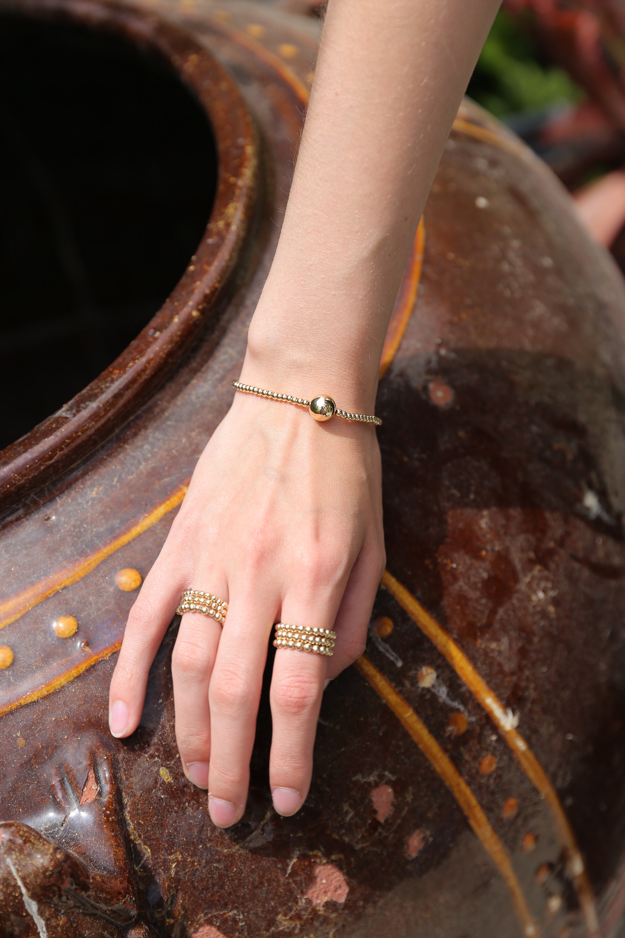 【TommassiniJewelry】Chunky Ball Beaded Stretchブレスレット Stretch Beaded Bracelet, Chunky Center Bead, Elastic Gold