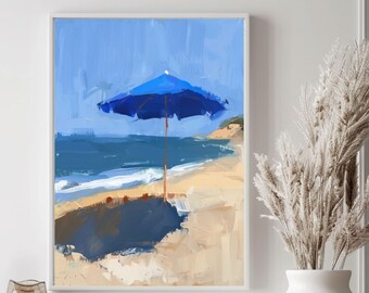 Blue Beach Umbrella Art Print: Coastal Wall Decor (Digital Download)
