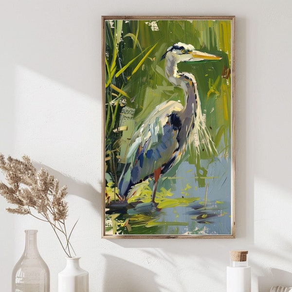 Blue Heron in Green Grass Print, PRINTABLE, DOWNLOAD, Coastal Decor, Digital Download, Marsh Painting, Coastal Bird Art