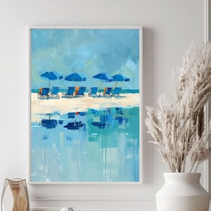 Row of blue beach umbrellas print, blue beach umbrellas, PRINTABLE, DOWNLOAD, Digital Download, Beach Painting, Printable Art