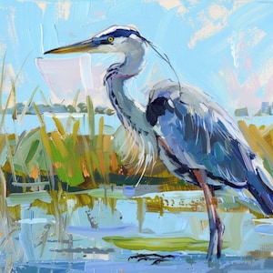 Blue Heron in Marshland, PRINTABLE, DOWNLOAD, Coastal Decor, Digital Download, Marsh Painting, Coastal Bird Art