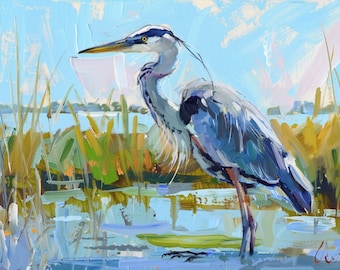 Blue Heron Marsh Painting: Coastal Bird Art Print (Digital Download)