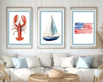 Coastal Watercolor Print Set: Beach Stamps, Ocean Home Decor (Digital Download