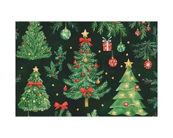 May include: A green and red Christmas wrapping paper design with a repeating pattern of Christmas trees, baubles, and presents. The trees are decorated with red bows and baubles. The background is a dark green.