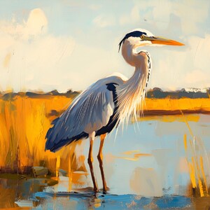 Blue Heron in Golden Intercoastal Marshland, PRINTABLE, DOWNLOAD, Coastal Decor, Digital Download, Marsh Painting, Coastal Bird Art