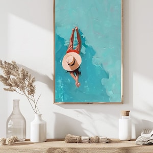 May include: A painting of a person wearing a straw hat floating in a turquoise pool of water.