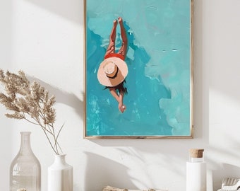 Woman in Pool Art Print: Beach Painting, Summer Decor (Digital Download)