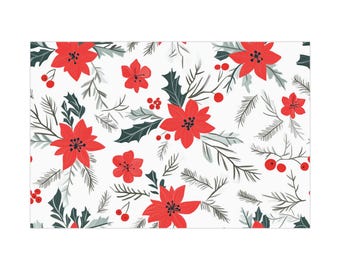 May include: A seamless pattern featuring red poinsettia flowers, green holly leaves, and red berries on a white background.