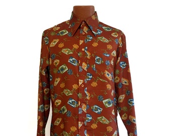 Vintage 70s Disco Button-Down Roses & Cologne Graphic by Narratifs Large // Polyester // Button-Up // Groovy // Long Collar