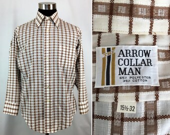 Vintage 70s ARROW "Collar Man" Button-Down Shirt Medium // Mens // Long Collar // Disco Era // Chocolate // Gift // Pocket // Button-Up
