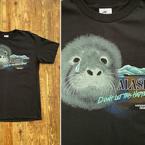 Vintage 1989 ALASKA Oil Spill National Wildlife Federation T-Shirt XL | nos dead-stock 80s seal conservation 1980s sad animal geographic