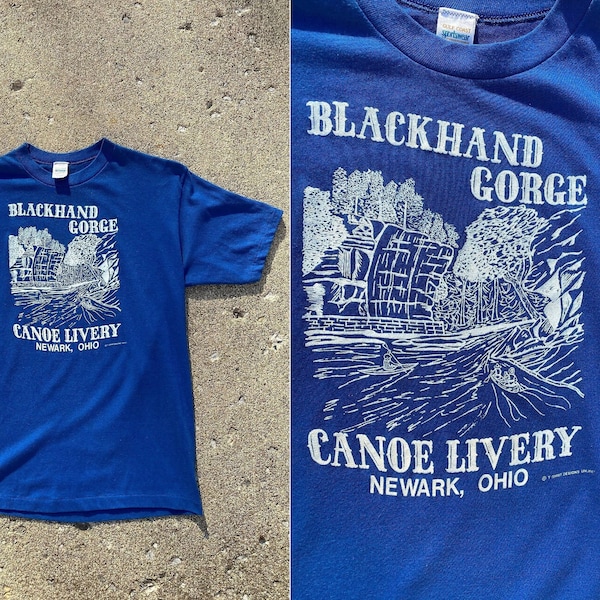 Vintage 70s 80s Blackhand Gorge Canoe Livery Newark Ohio T-Shirt MEDIUM / Large | 1970s 1980s outdoors hiking kayak camping state park retro