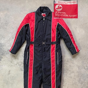 Vintage 80s JC Penney Snowmobile Suit LARGE original 1980s outerwear snow cold weather coveralls winter outdoor menswear black & red apparel