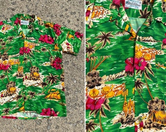 Vintage 70s K-Mart RAYON Hawaiian Shirt SMALL | tiki palm 1970s Hawaii surf volcano disco era tropical vacation beach island hibiscus retro