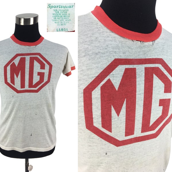 Vintage 70s MG Car Company RINGER T-Shirt Medium / Large | 1970s sports car soft & thin British automotive racing auto MG marque motorsport